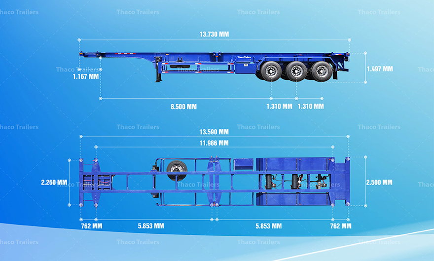 Kích thước sơ mi rơ moóc xương 45 feet 3 trục 12 khóa Kích thước và khả năng chịu tải của mooc xương 45 feet 3 trục