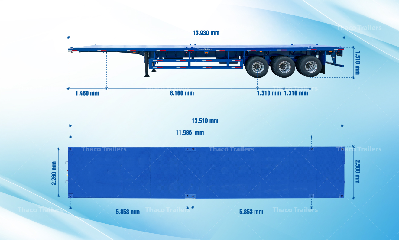 Thông số sản phẩm sơ mi rơ moóc sàn Thaco Trailers 45 feet 3 trục 10 khóa