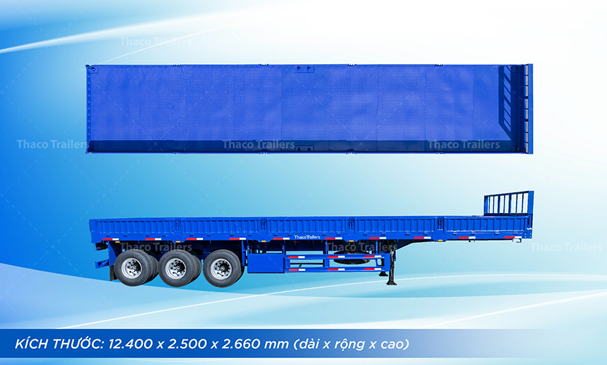 Sơ mi rơ moóc tải lửng Thaco Trailers kích thước 12.400 x 2.500 x 2.660 mm Sơ mi rơ moóc tải lửng Thaco Trailers kích thước 12.400 x 2.500 x 2.660 mm
