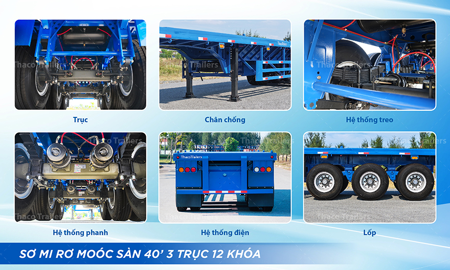 Sơ mi rơ moóc sàn 40 feet 3 trục 12 khóa có kết cấu vững chắc, vận hành bền bỉ Sơ mi rơ moóc sàn 40 feet 3 trục 12 khóa có kết cấu vững chắc, vận hành bền bỉ.