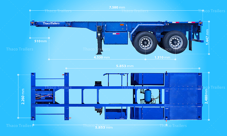 Kích thước tiêu chuẩn của sơ mi rơ mooc xương 20 feet 2 trục Thaco Trailers Kích thước tiêu chuẩn của sơ mi rơ mooc 20 feet 2 trục