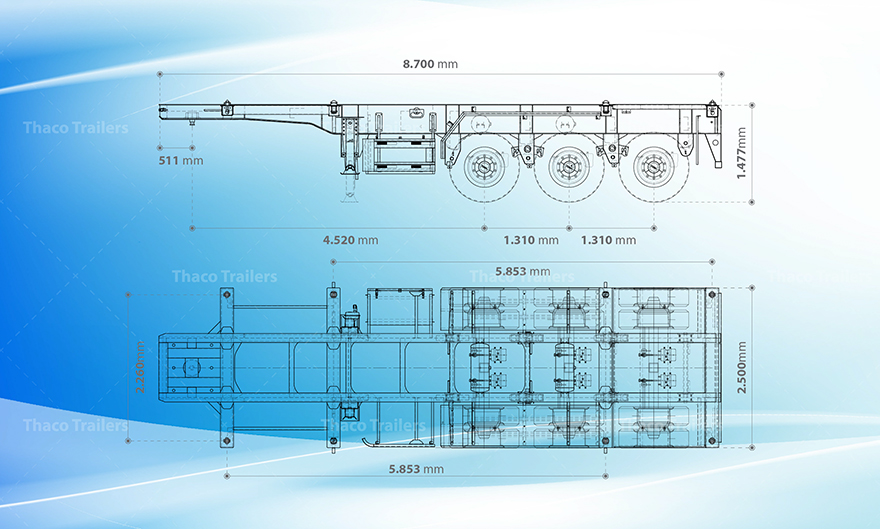 Kích thước tiêu chuẩn của sơ mi rơ mooc 20 feet 3 trục 8 khóa Kích thước tiêu chuẩn của sơ mi rơ mooc 20 feet 3 trục 8 khóa.