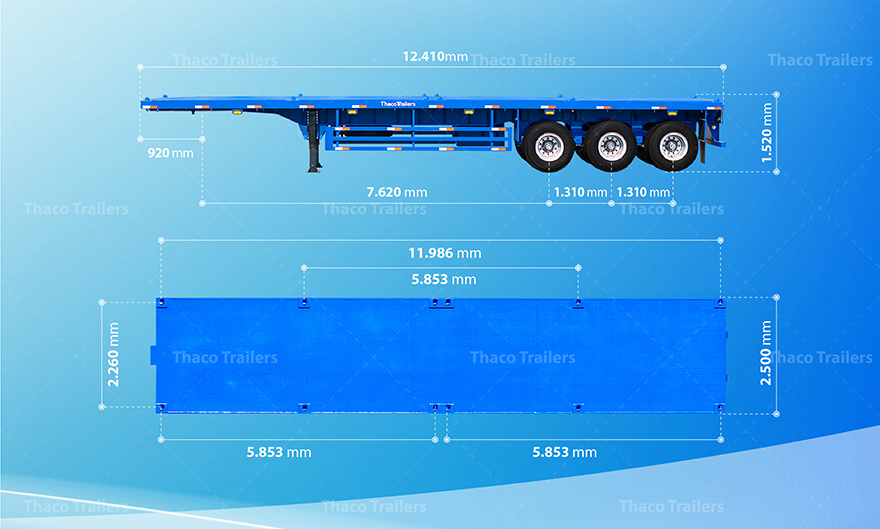 Sơ mi rơ moóc sàn Thaco Trailers 40 feet 3 trục 8 khóa Sơ mi rơ moóc sàn 40 feet 3 trục 8 khóa có tải trọng chuyên chở 32,5 tấn