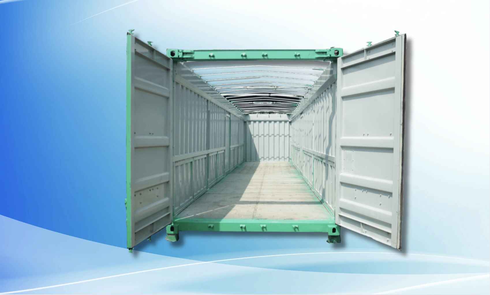 Container mở nóc thiết kế không mái, cho phép bốc xếp hàng từ phía trên xuống Container mở nóc thiết kế không mái, cho phép bốc xếp hàng từ phía trên xuống.